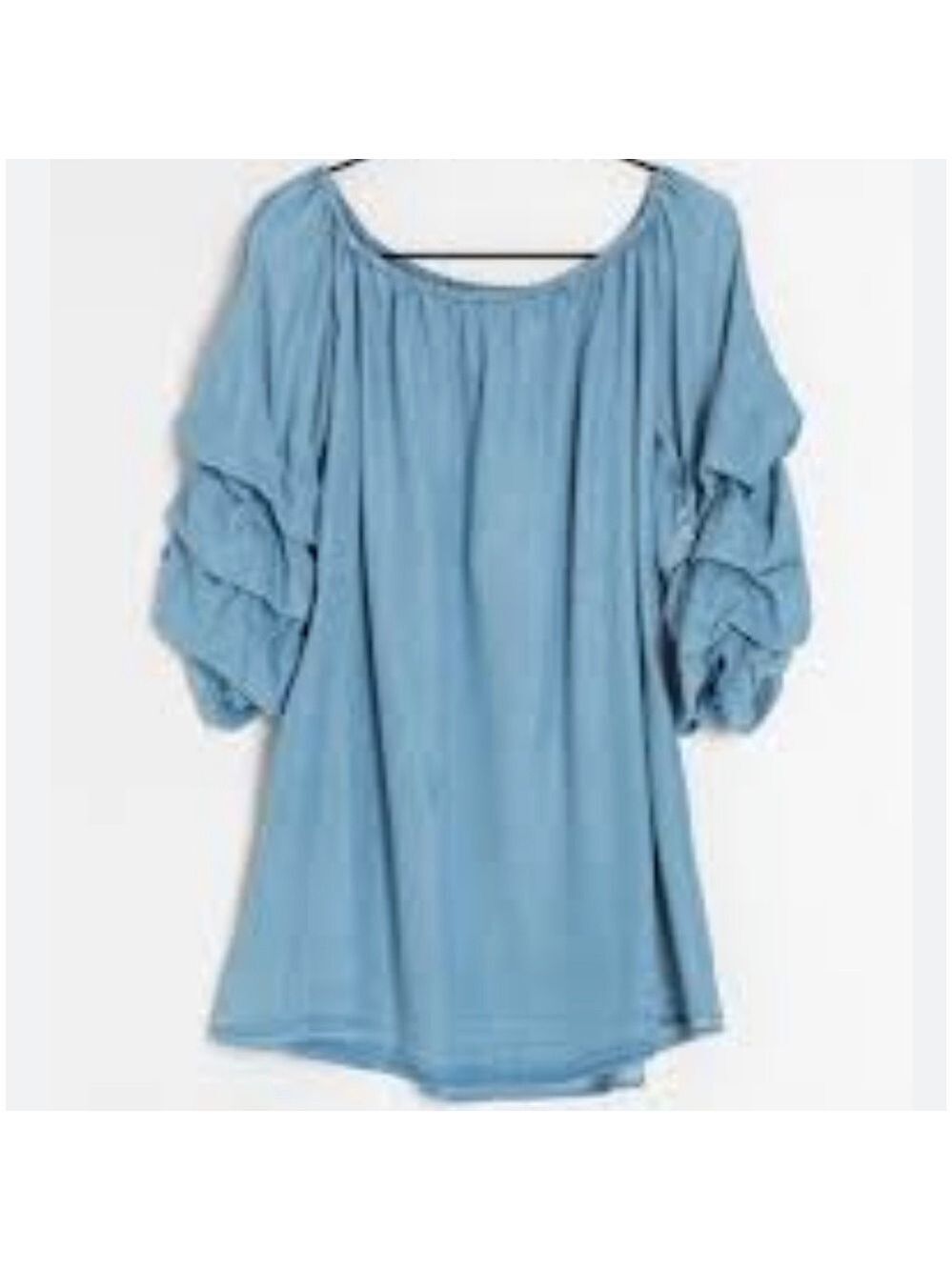 ZARA off the shoulder bold ruffle detail sleeve denim dress size medium